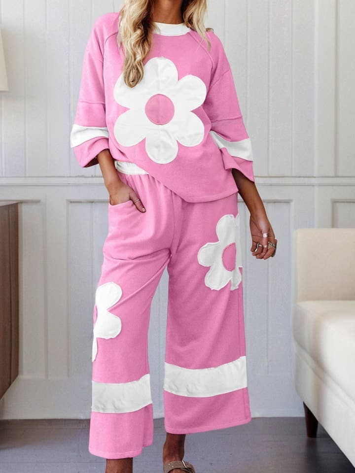 Orchid Bouquet Big Flower Patched Raw Seam Color Block 2 Piece Loose Pant Set for wholesale on Faire0