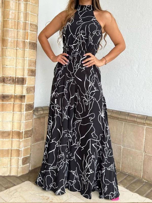 Rosa Clothing - Wholesale Jumpsuit - Women's - Halterneck Graphic & Ethnic Print Sleeveless Jumpsuit2