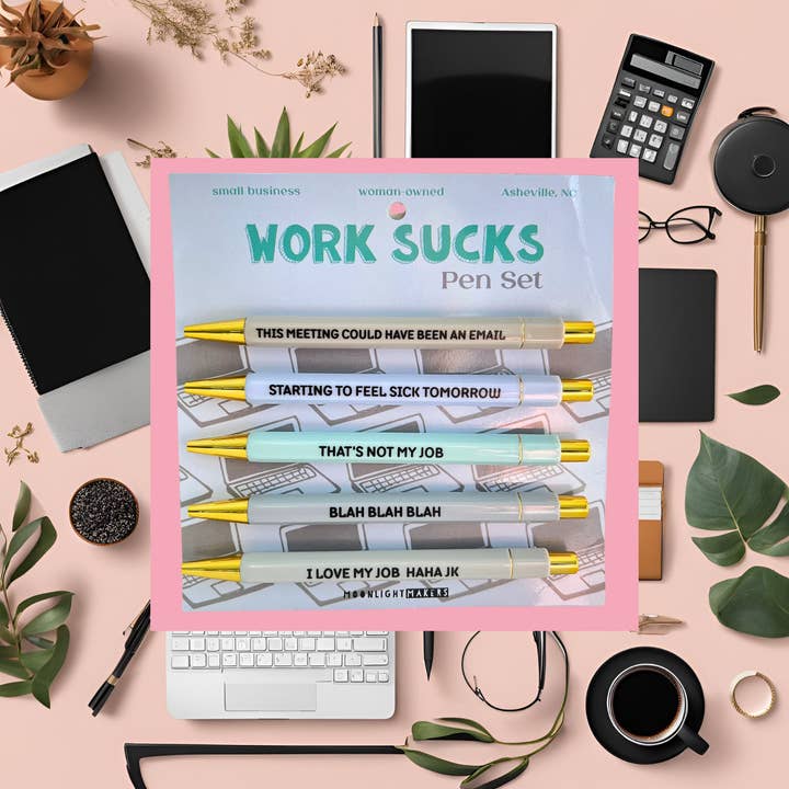 Moonlight Makers - Wholesale Pen - Work Sucks - Funny Pen Set - Office Humor, Gift for Coworker