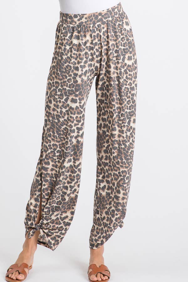 Mocha Leopard Print Lightweight Split Side Ankle Tie Pants P3377 for wholesale on Faire