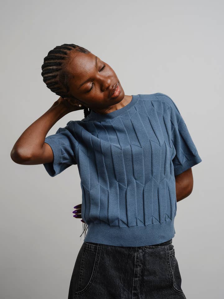 The Endery - Wholesale Knit Sweater - Women's - Chevron Ruben Tee - Delphinium1