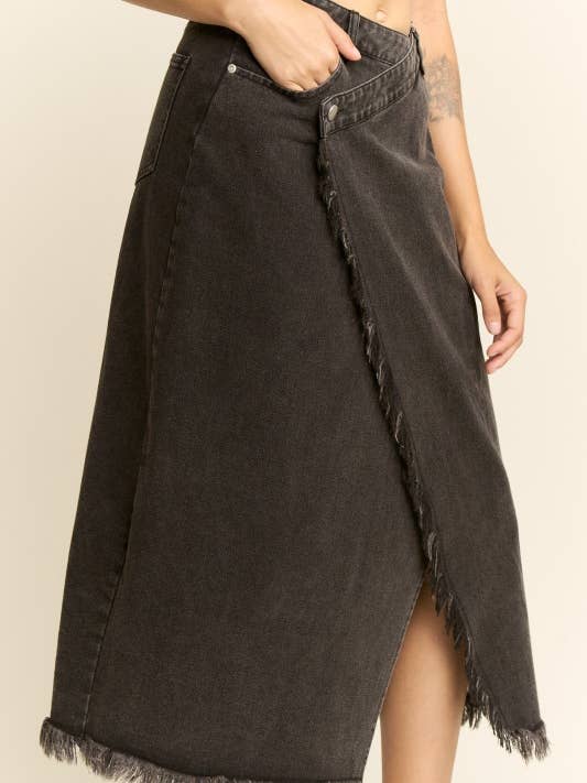 Black FRAYED WRAP DENIM MIDI SKIRT for wholesale on Faire2