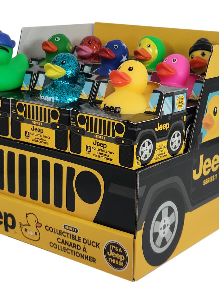 JeepĀ® Branded Ducks 2" Vinyl Paper Jeep 4x4 Box in Display for wholesale by License 2 Play Toys