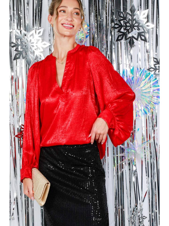 Vine & Love - Wholesale Blouse – Women’s - Henley Neck Long Balloon Sleeve Metallic Blouse Top VT81244F22