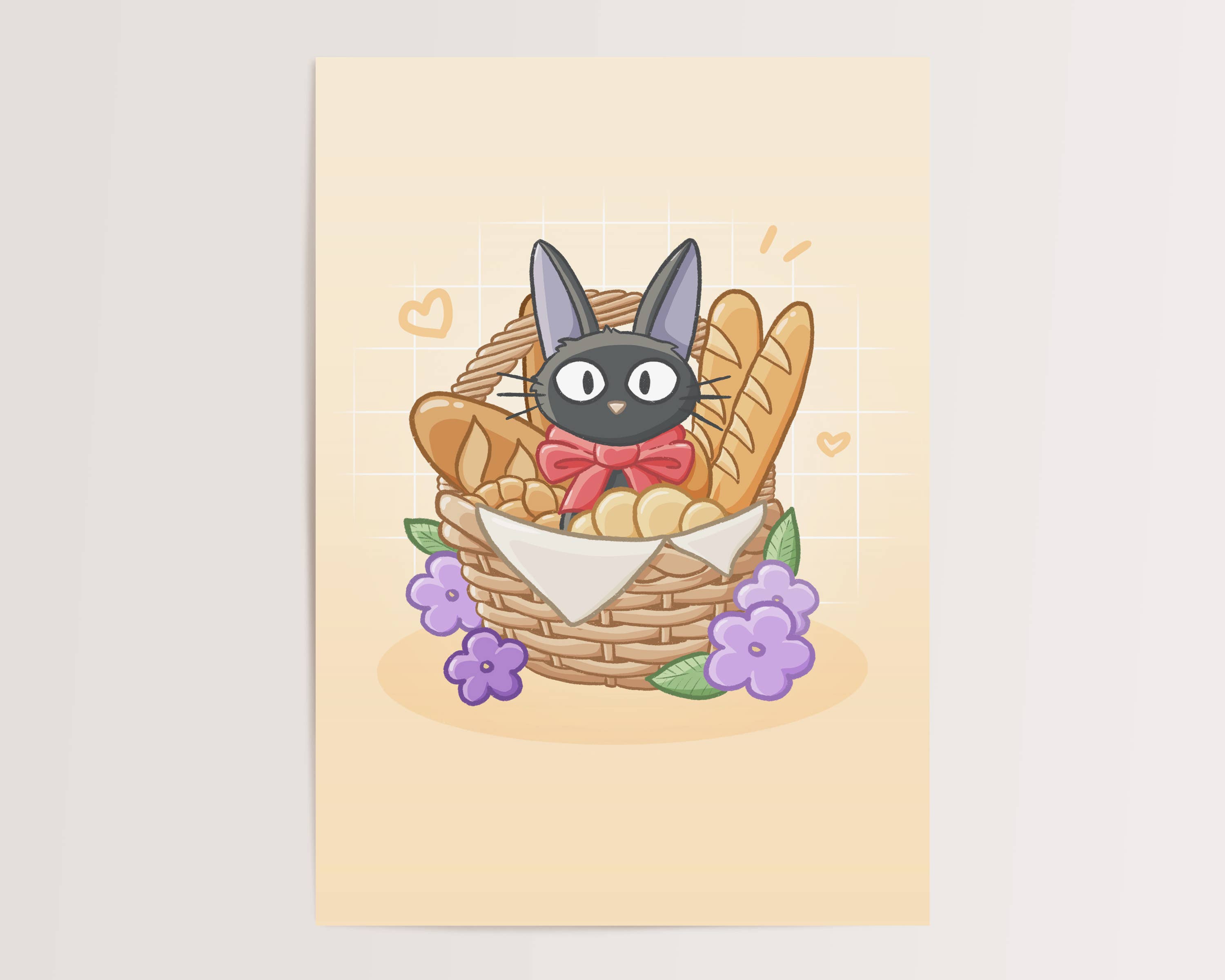Sarah May Arts - Wholesale Art Print - Bakery Black Cat Print | Fine Line Anime Floral Art1