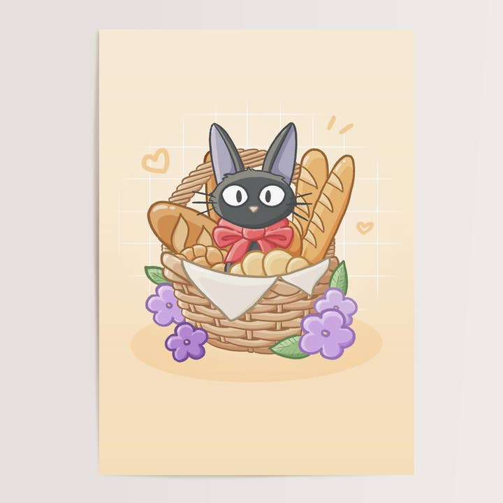 Sarah May Arts - Wholesale Art Print - Bakery Black Cat Print | Fine Line Anime Floral Art1