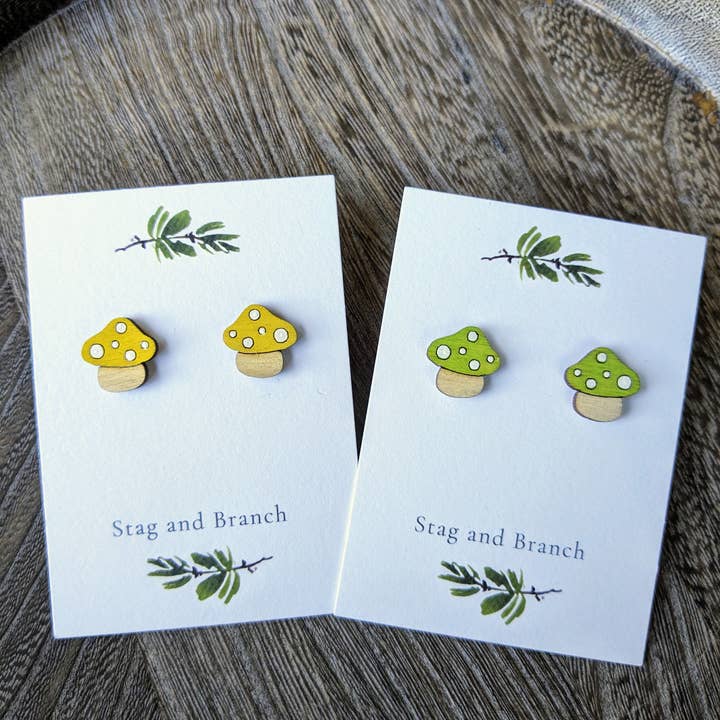 Stag and Branch - Wholesale Stud/Post Earrings - Small Wood Mushroom Stud Earrings Witchy Cottagecore1
