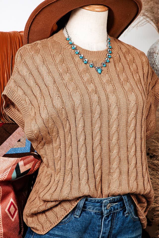 fashionworks - Wholesale Knit Sweater - Women's - Fashion-W Crew Neck Cable Knit Short Sleeve Sweater*S-2XL7