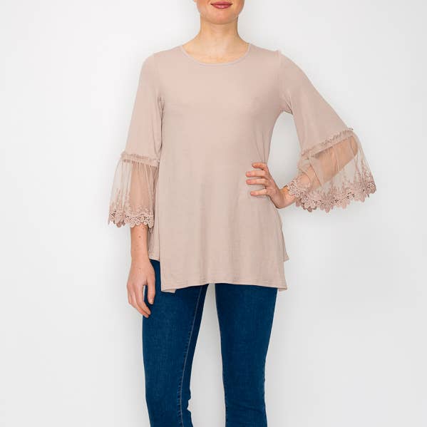 TUNIC TOP WITH LACE SLEEVE TRIMMINGS-4480TAUPE for wholesale by Origami Apparel ~ Lace and Crochet inspired