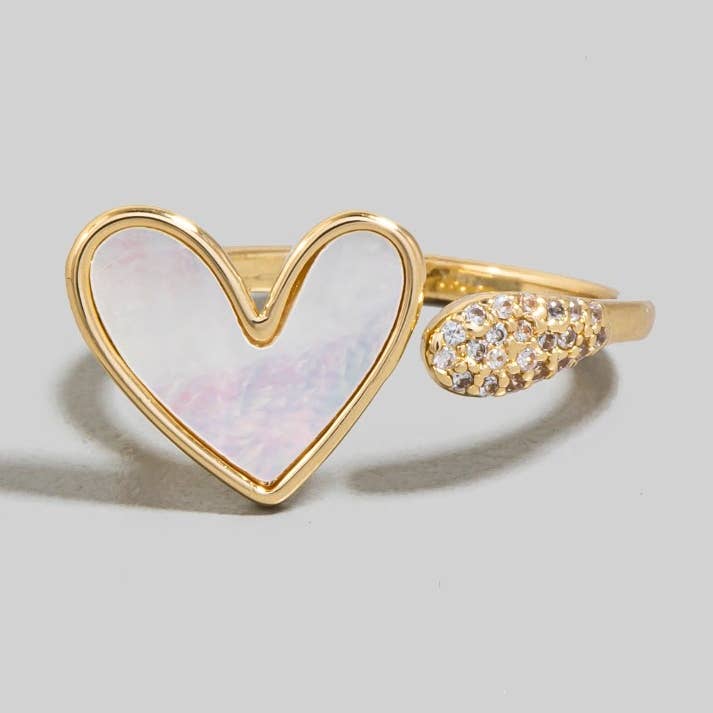 The Looks by Fame Accessories - Vente Anneau/bague à empiler - Bague ouverte en forme de cœur en or plaqué avec zircone cubique et nacre0