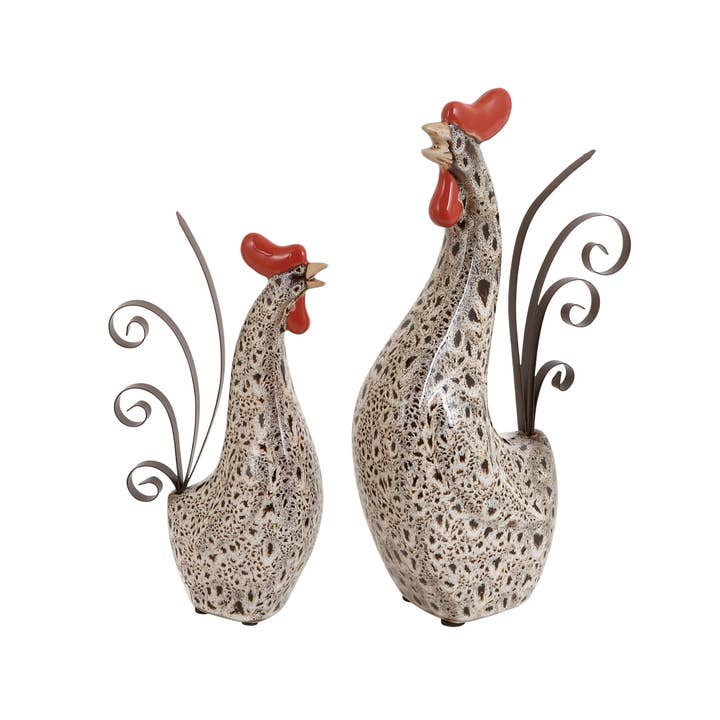 Import Corner - Wholesale Sculpture - A-40841: CREAM CERAMIC ROOSTER INDOOR OUTDOOR STANDING DECOR