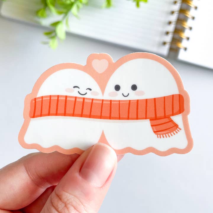 Cute Ghost Couple with Scarf Waterproof Matte Vinyl Sticker for wholesale by Studious Owl Press