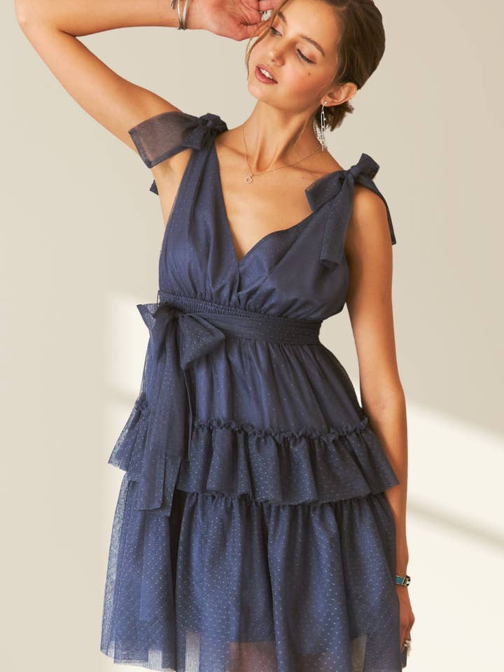 ADORA LA - Wholesale Dress - Women's - CED3533WN - TIE SHOULDER POLKA DOT MESH DRESS