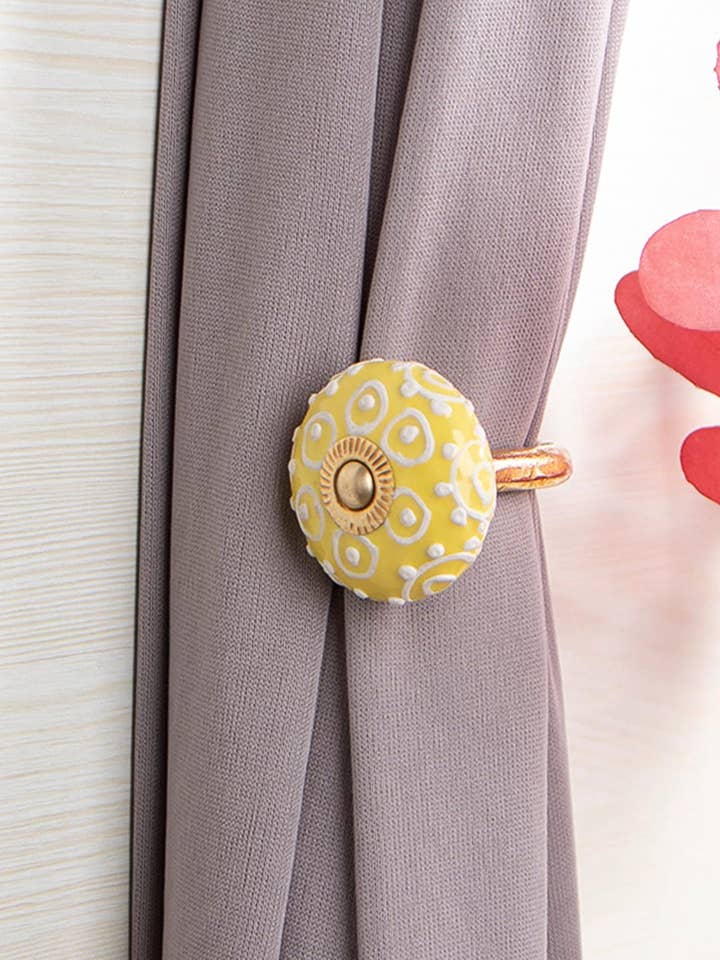 White Floral Pattern on Yellow Hand Painted Decorative Ceramic Flower Curtain Tie Back Hook Antique Hook (Set of 2) for wholesale by KNOBCO