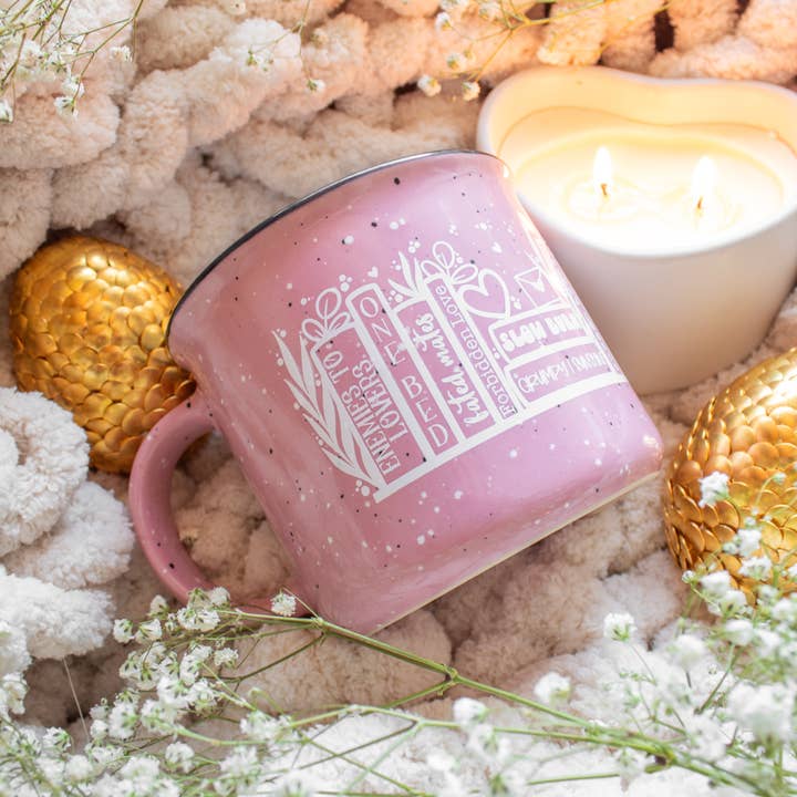 Meaggie Moos - Wholesale Coffee Mug - Pink Speckled Romance Bookshelf Camp Mug 15oz