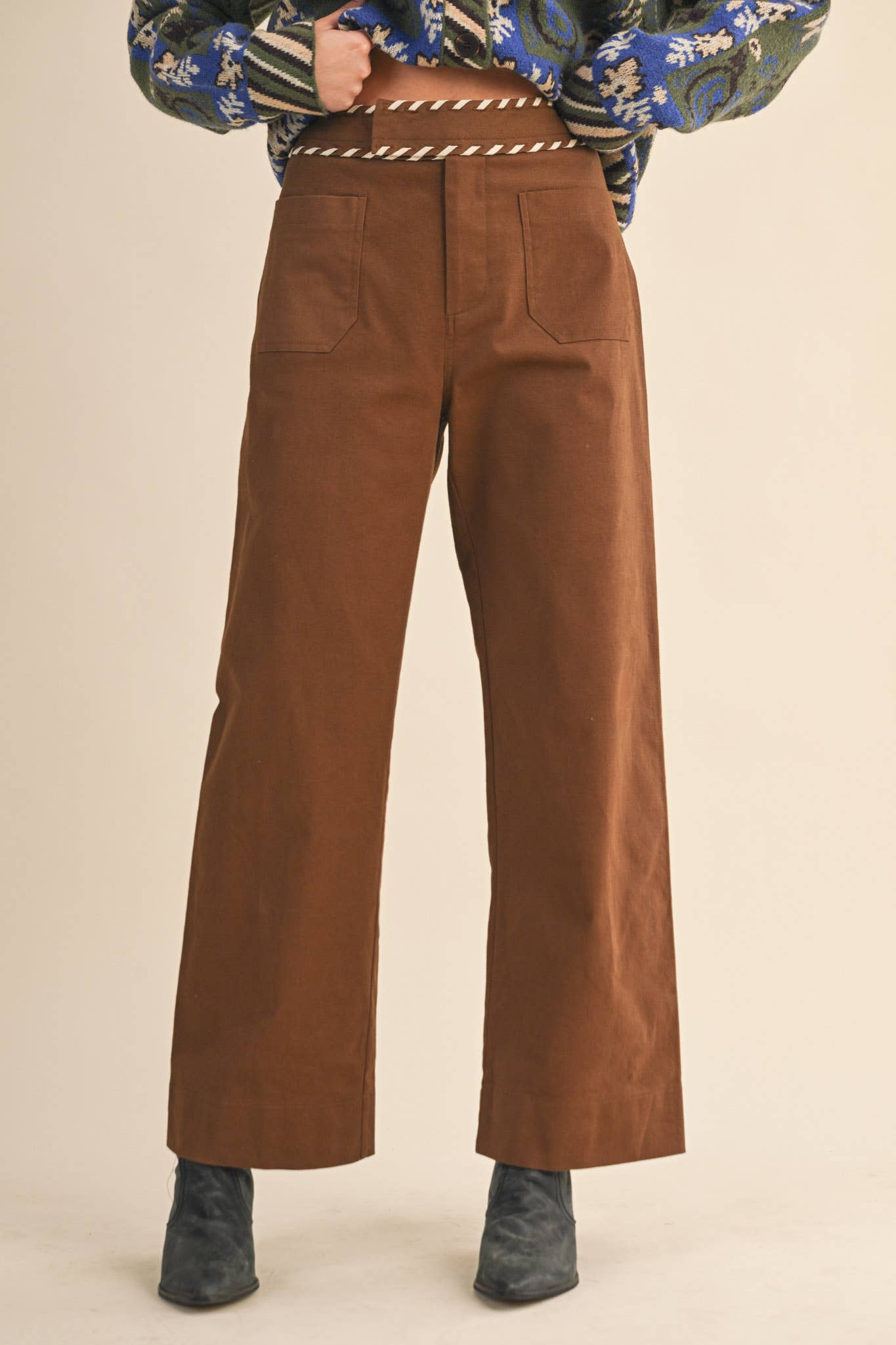 &MERCI - Wholesale Pants - Women's - HIGH WAIST WIDE LEG PANTS WITH WHIP STITCH TRIM MP421816