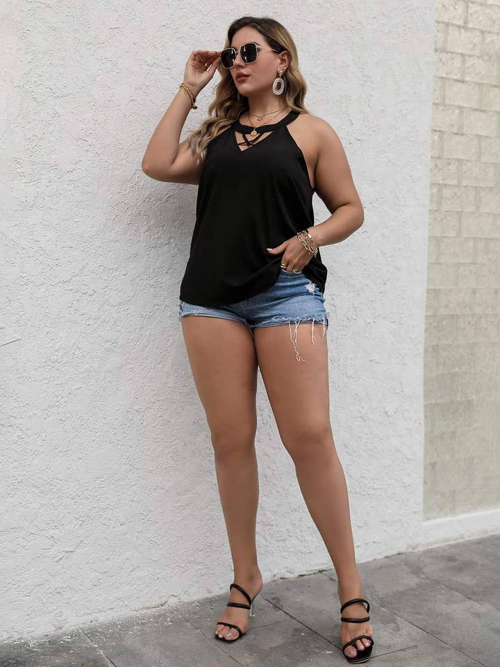 Flarix - Wholesale Knit Top - Women's - plus solid criss cross halter top