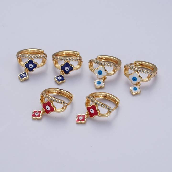 24K Gold Filled Enamel Evil Eye Quatrefoil Clover-Shaped Dangle Micro Paved CZ Huggie Hoop Earrings | AD-489~AD-491 for wholesale by Aim Eternal