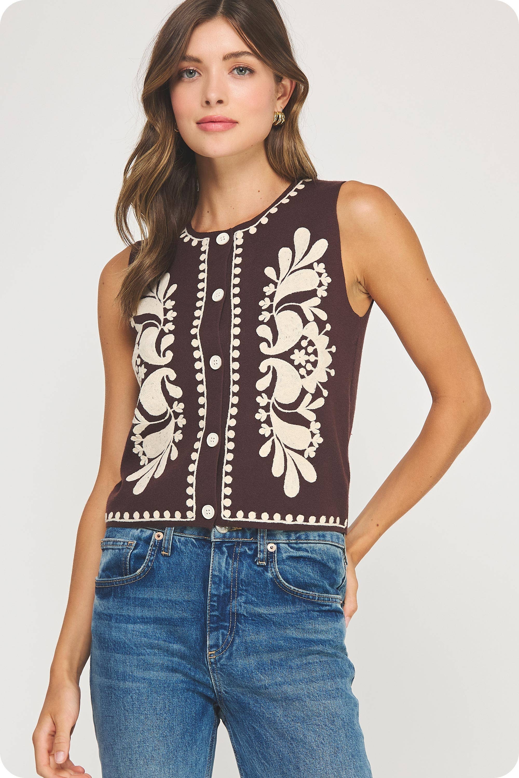 Strut & Bolt - Venta al por mayor Chaleco de abrigo - Mujer - Top sin mangas de punto con bordado floral11