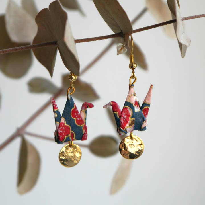 Origami earrings - Cranes and sequins - Plum for wholesale by Dix janvier