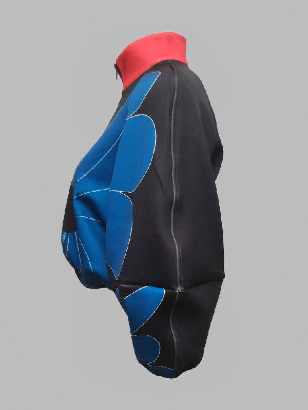 BLACK Contrast Color Flower Print Zipper Stand Collar Jackets Outerwear for wholesale on Faire4