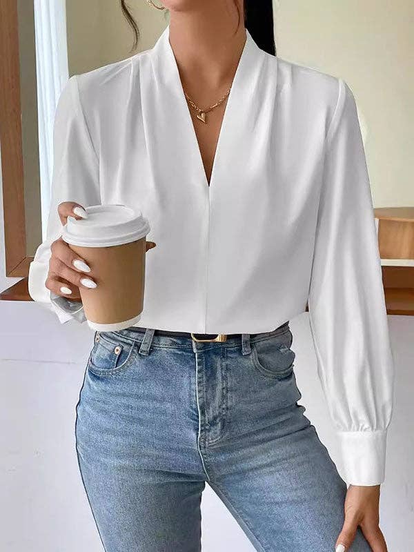 Sheer Trend - Vente Chemisier – femme - Blouses et chemises amples et plissées à manches longues, couleur unie, à joint fendu et col en V13