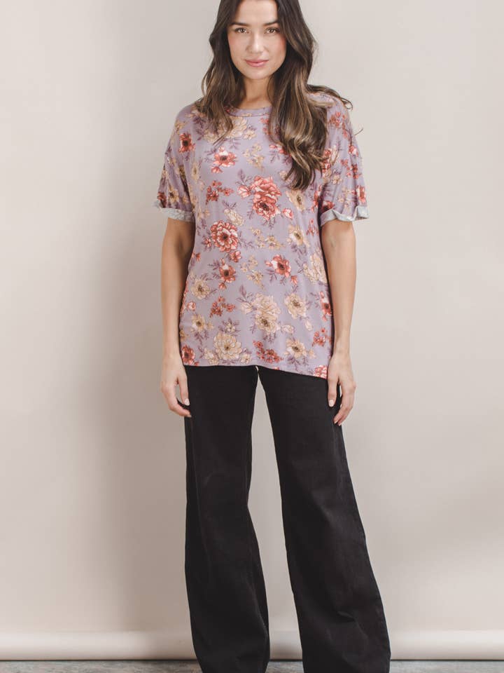 SUPER SALE Lilac Floral Cuffed Sleeve Tee for wholesale by Space 46 Wholesale