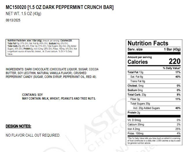 Astor Chocolate Corp. - Wholesale Chocolate Bar - Just Chill / Dark Chocolate Peppermint Crunch 1.5oz. Bar1