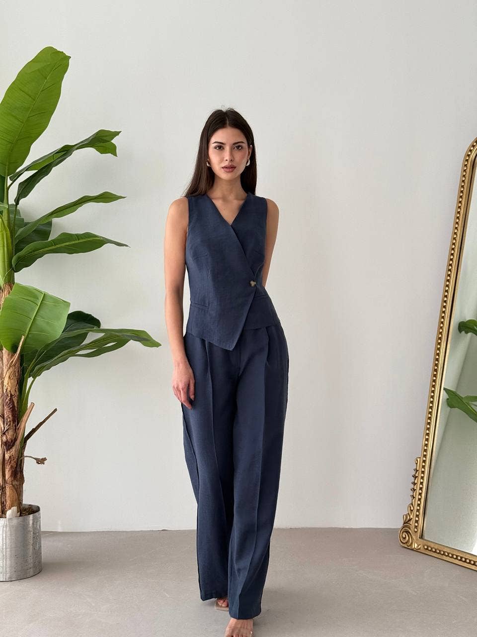 Design company-Fatma Balkir - Wholesale Suit Vest - Women's - Backless Tie-Up Vest and Pants Set – Linen Two Piece Outfi7