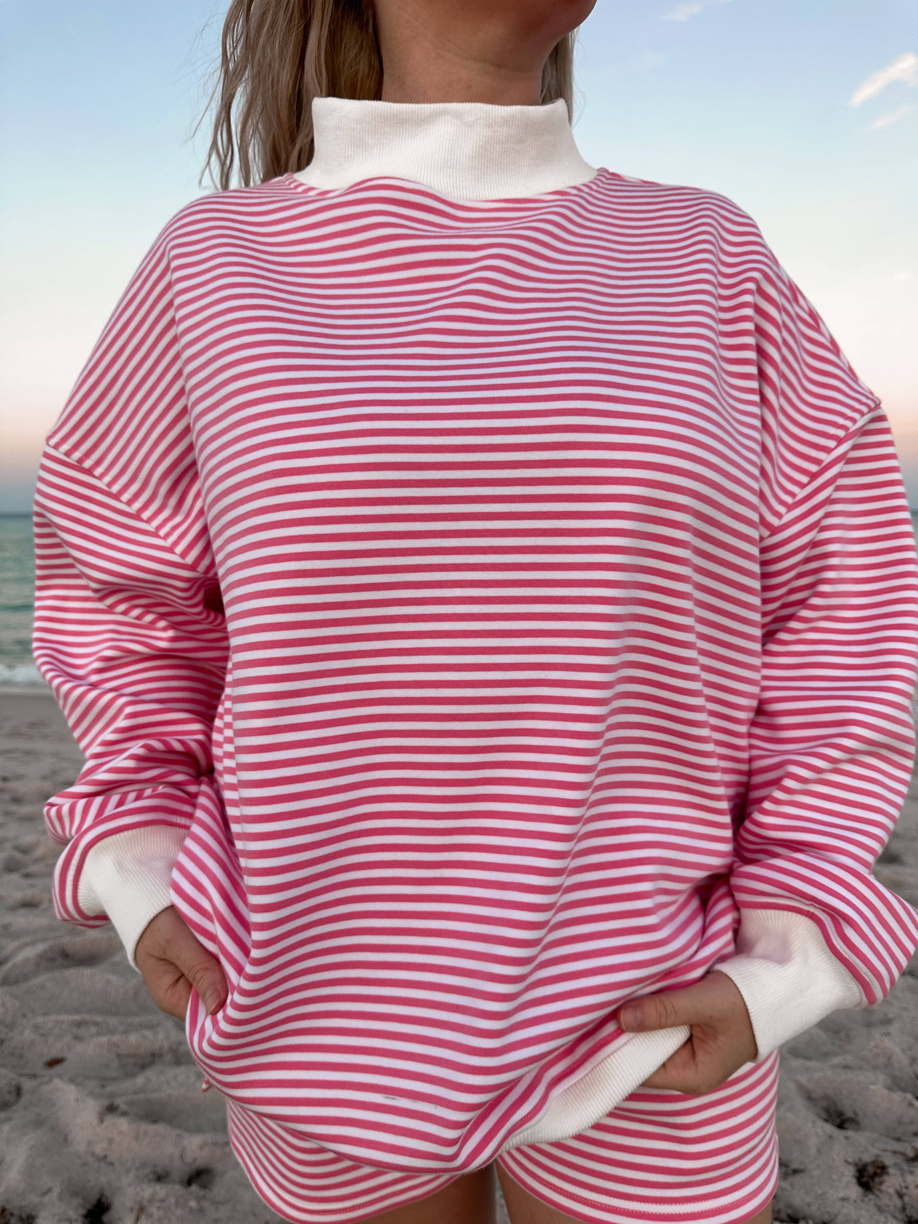 Dark Pink and White Big Striped Mockneck Sweatshirt for wholesale on Faire4