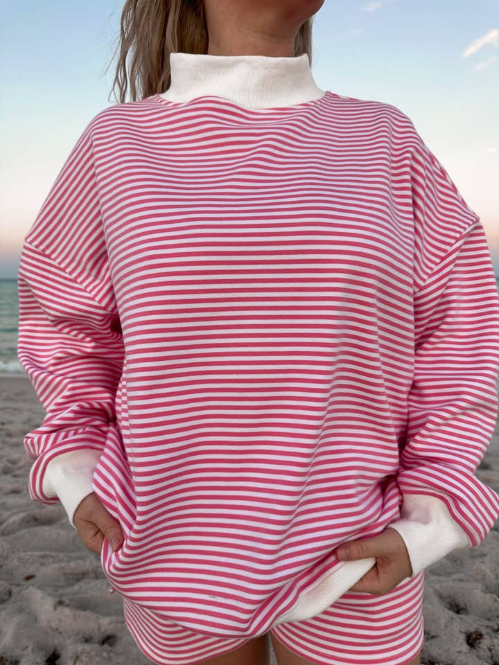 Dark Pink and White Big Striped Mockneck Sweatshirt for wholesale on Faire0