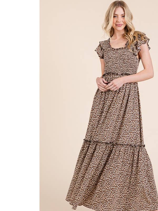 Leopard Print Ruffle Sleeve Tiered Maxi Dress for wholesale on Faire14