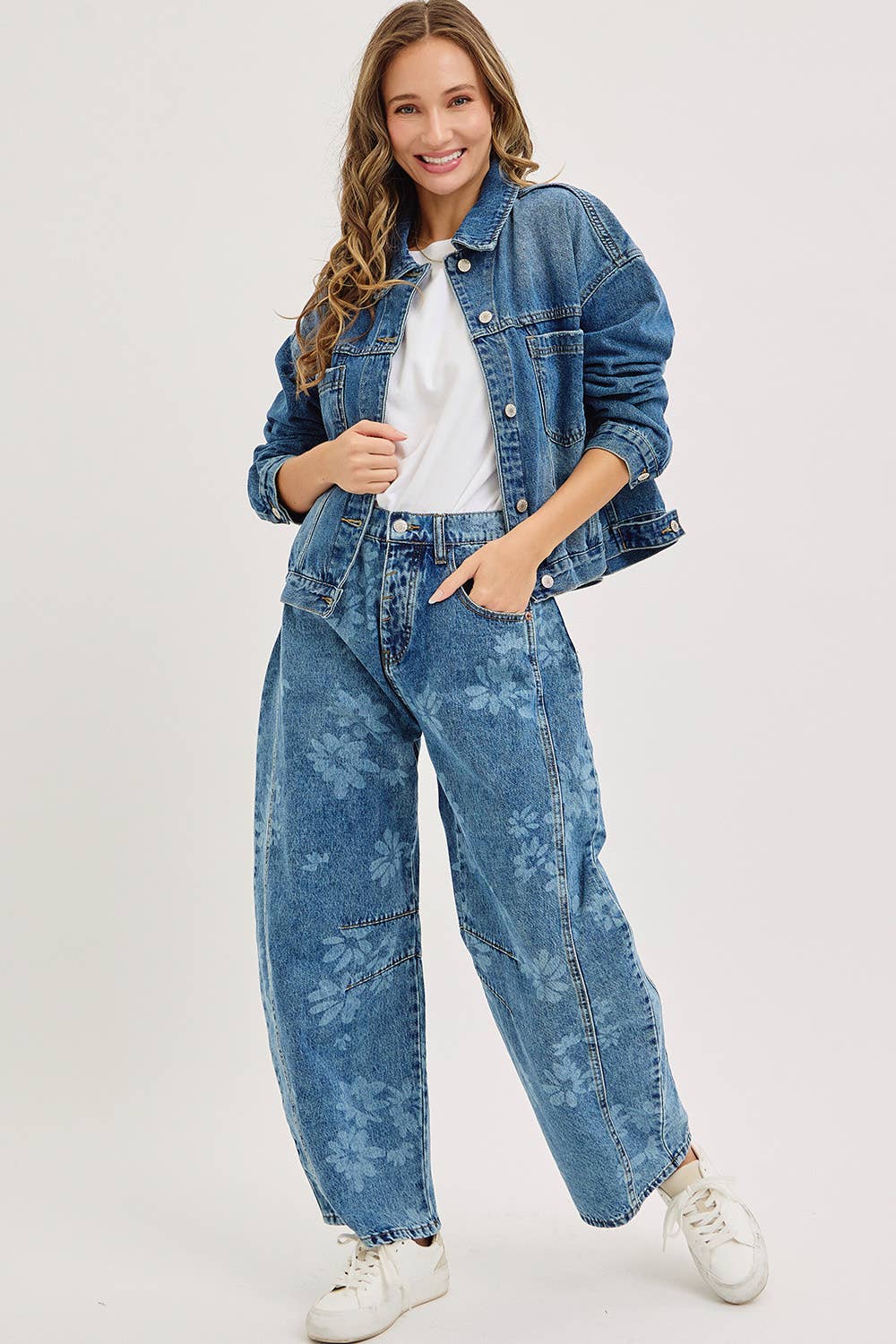 FLORAL PRINT DENIM BARREL JEANS for wholesale on Faire7