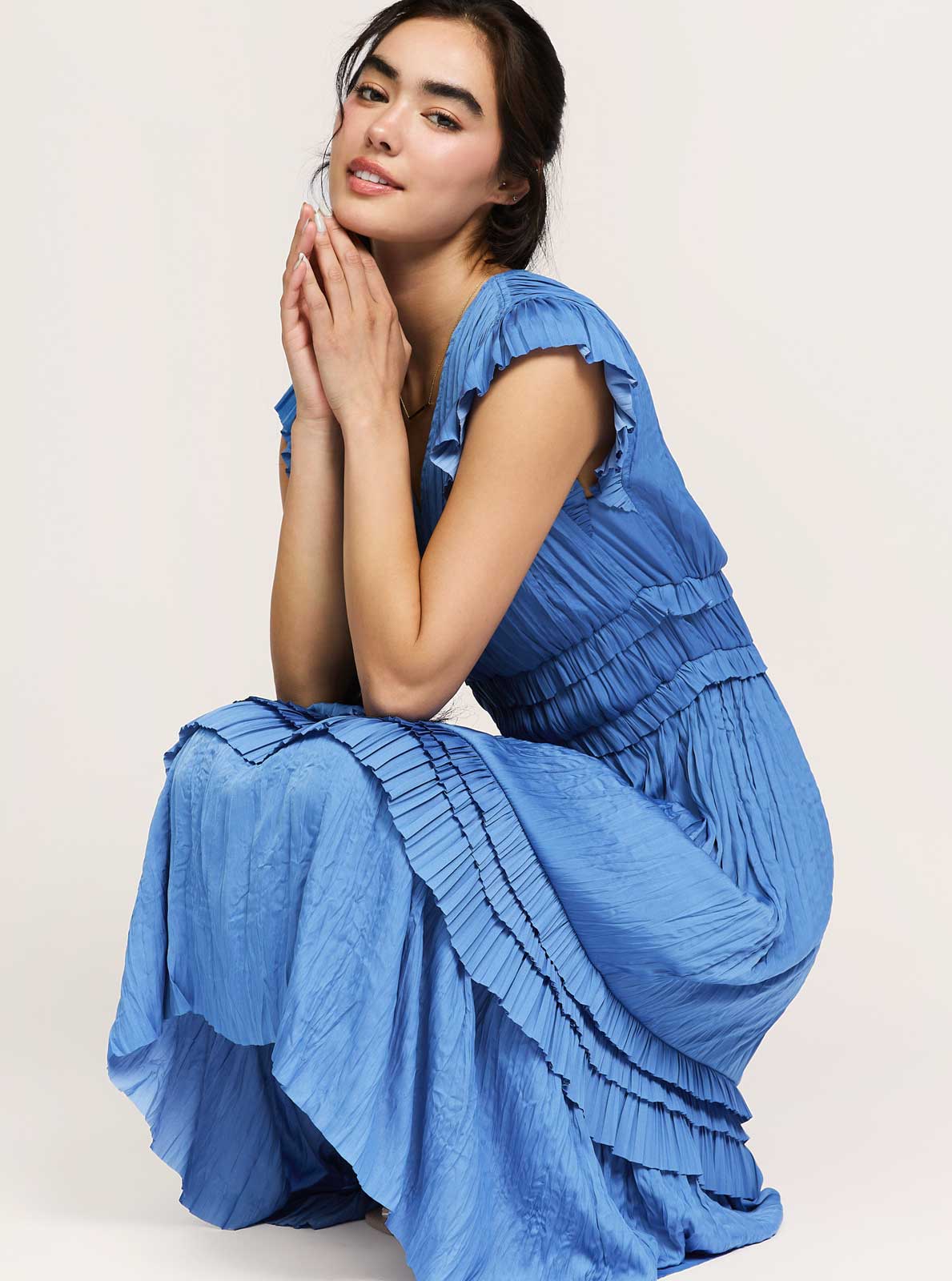 Current Air – wholesale Dress – Women's – Pleated Sleeve Ruffle Long Dress3