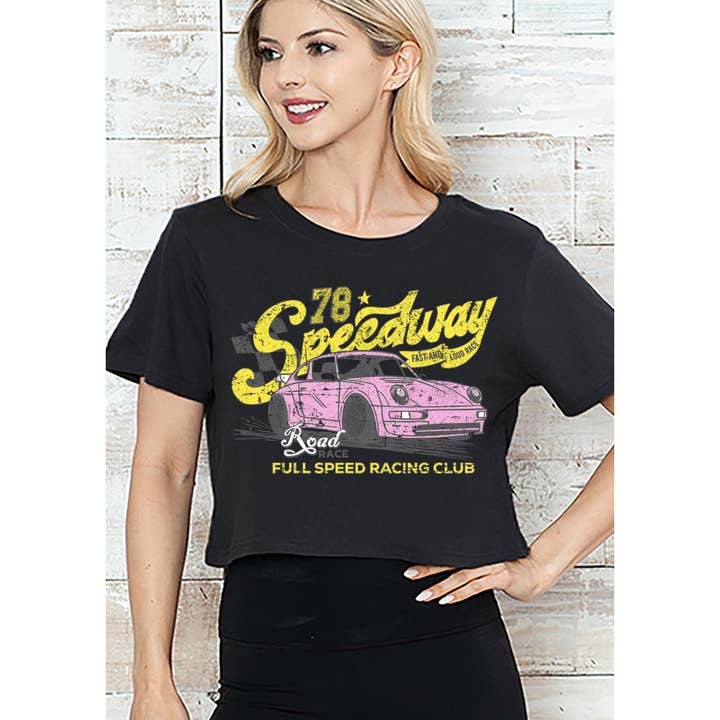 MINEB - Wholesale Screen Printed T-Shirt - Women's - SPEEDWAY RACING CLUB SHORT CROP TEE