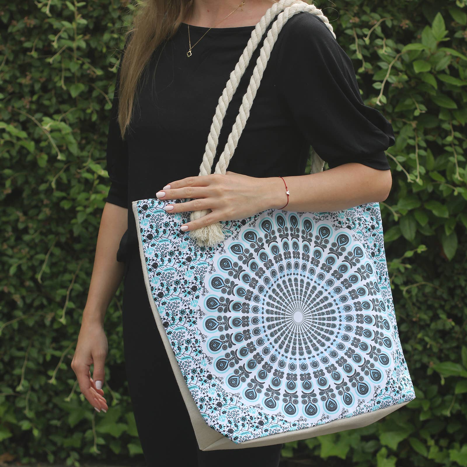 Ancient Wisdom - Vente Tote bag – femme - Sac Mandala à Anse en Corde - Bleu Ciel2