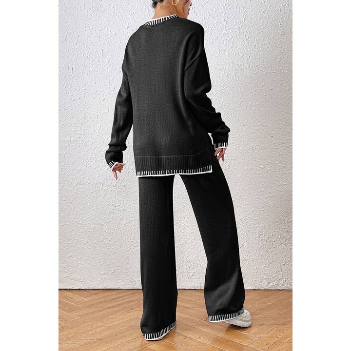 Supreme Fashion - Wholesale Lounge Set - Women's - Knit Color Block Loose Edged Sweater And Pant Set
