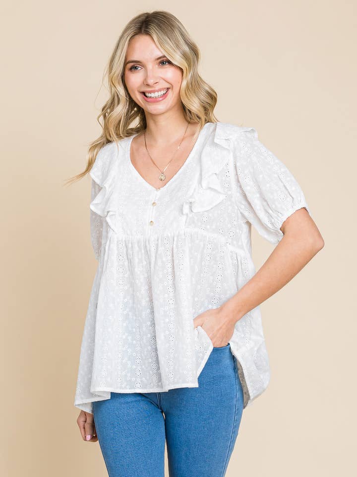 64346W-Women's Cotton Eyelet Lace Ruffle Detailed Top for wholesale by Cotton Bleu
