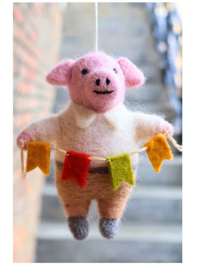 Handcrafted Felt Ornament, Pig with Flags for wholesale by Ganesh Himal Trading