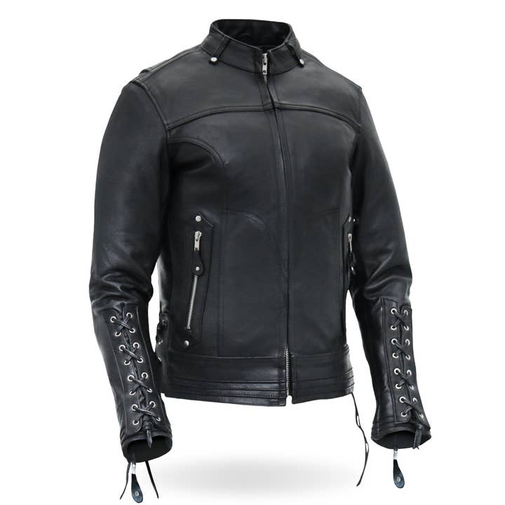 BLACK Hot Leathers JKL1025 Ladies Motorcycle style Lace Up Sleeves Leather Biker Jacket for wholesale on Faire