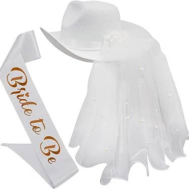 Chapeau de cowgirl de mariée avec voile et écharpe - Chapeau de cowboy blanc pour femme, enterrement de vie de jeune fille ou enterrement de vie de jeune fille par 4E's Novelty pour la vente par 4E's Novelty
