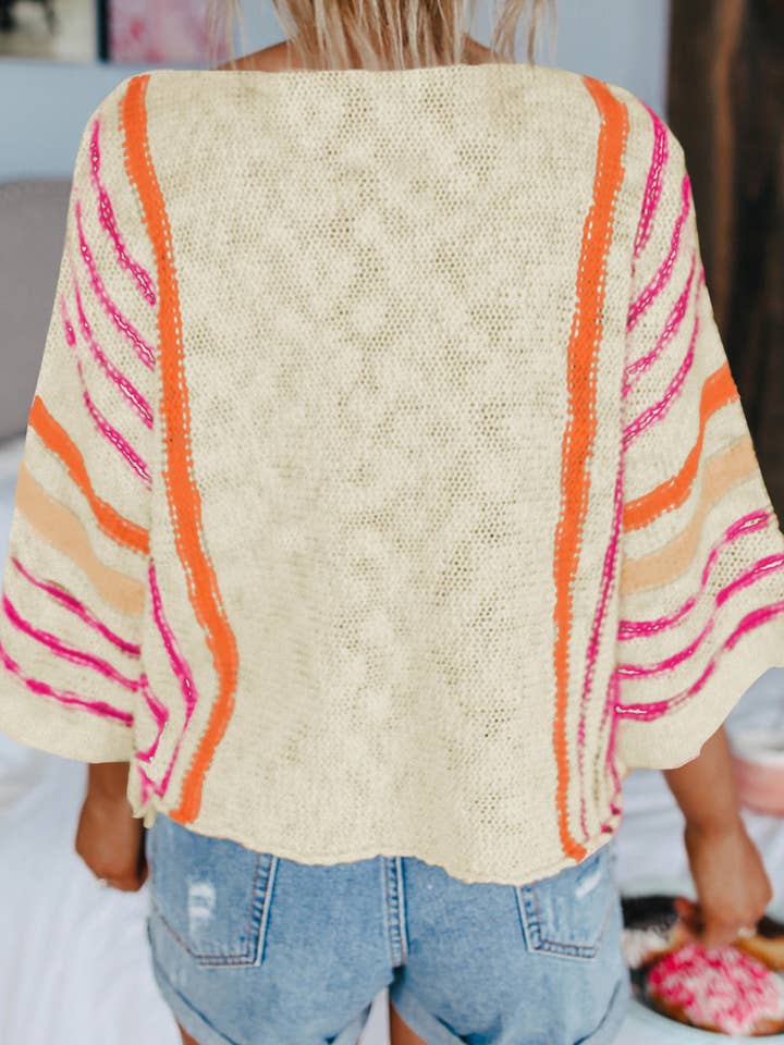 Suhkasana - Wholesale Knit Sweater - Women's - Striped Detail Wide Sleeve Lightweight Knitted Sweater3