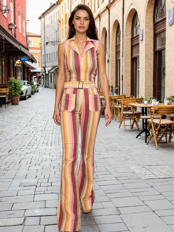 BELTED STRIPED STRETCH DENIM FULL LENGTH JUMPSUIT 4436RIC for wholesale by WISTERIA LANE