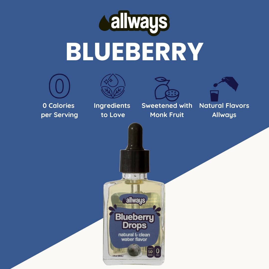 Allways Drops - Wholesale Flavored Syrup - Blueberry Water Drops, Natural Flavor, 1 oz, 50 Servings1