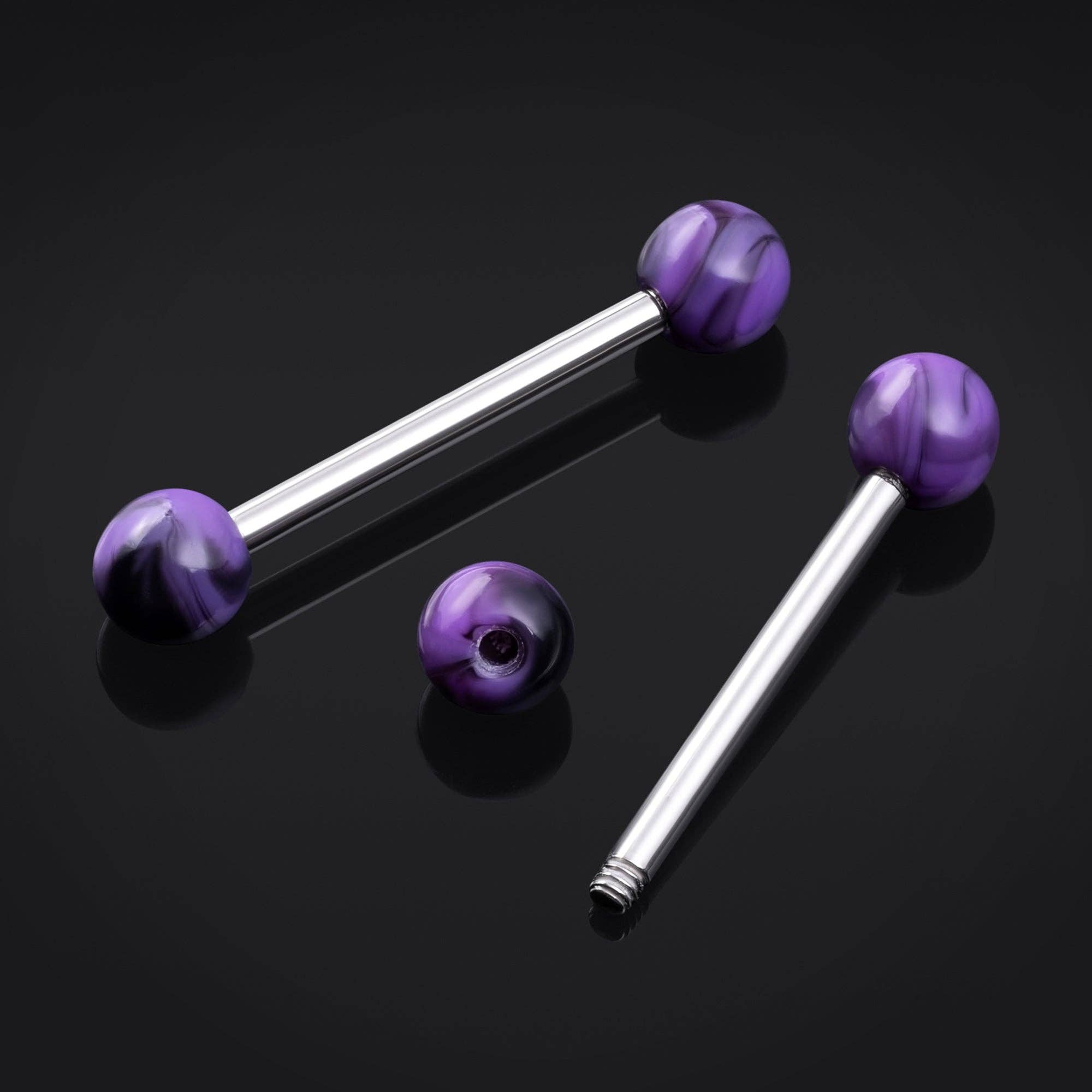 Custom Plugs - Vente Parures de bijoux - Barre de langue en titane noir et violet marbré 1,6 mm0