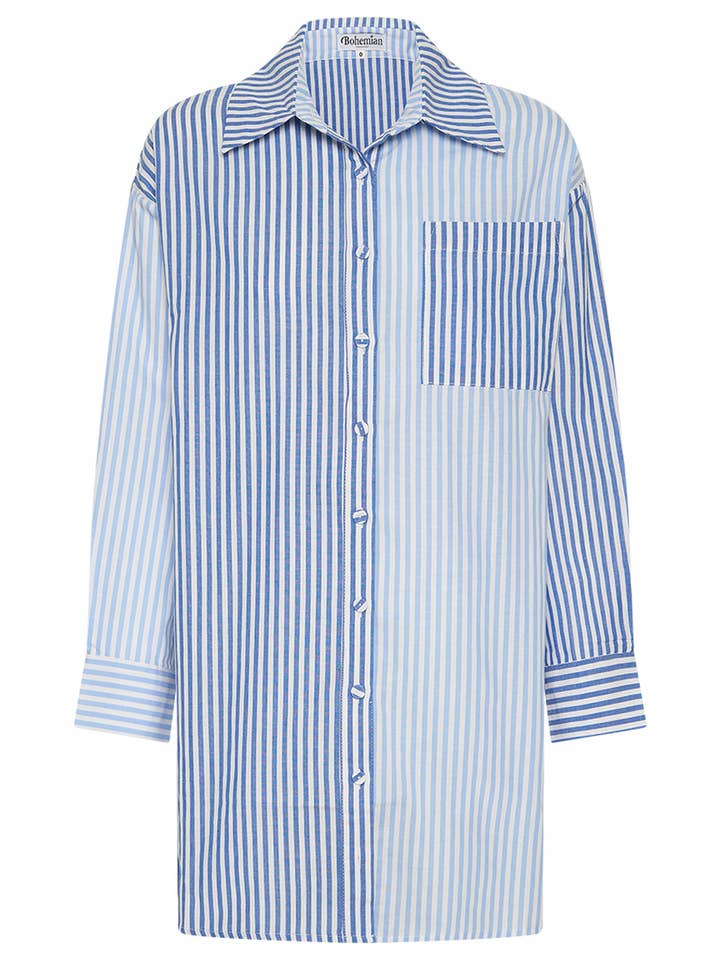 Boyfriend Mini Shirt Dress in Blue Multi Stripe for wholesale by Bohemian Traders