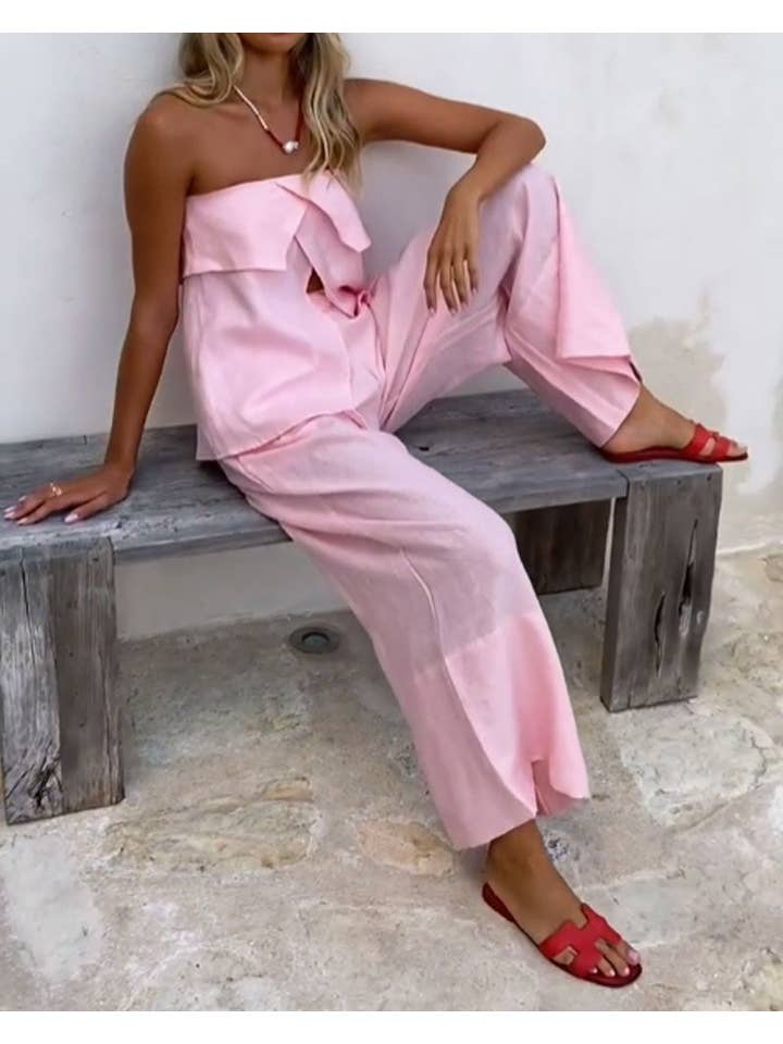 Chicto - Wholesale Top & Pant Set (NOT Loungewear) - Women's - Casual Solid Color Strapless Split Top & Pants Two-Piece Set