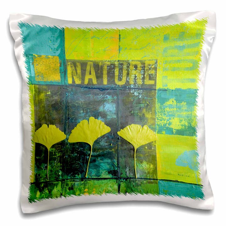 3dRose, Collage Illustration With Gingko Leafs And Text Elements In Green, Pillow Case for wholesale by 3dRose