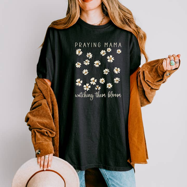 Scripted Pearl - Wholesale Screen Printed T-Shirt - Women's - Praying Mama Watching Them Bloom Daisies Comfort Colors Tee11