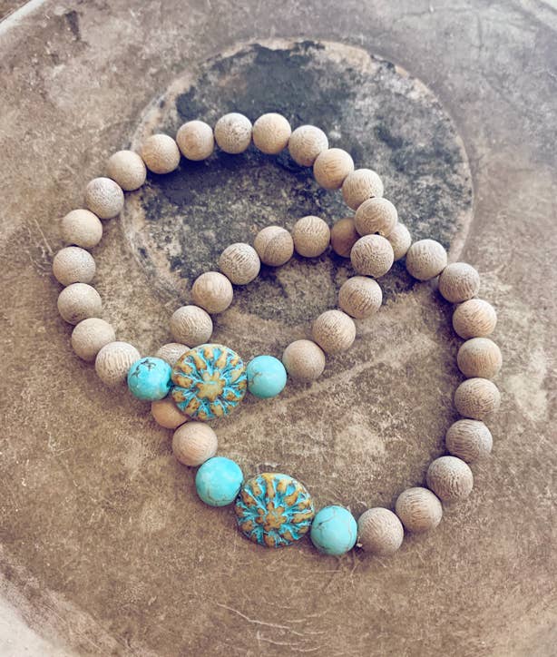 silketræ naturlig turkis og tjekkisk glas ro/silketræ beaded mala stretch armbånd for engroshandel på Faire2